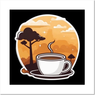 hot coffee cup with orange landscape Posters and Art